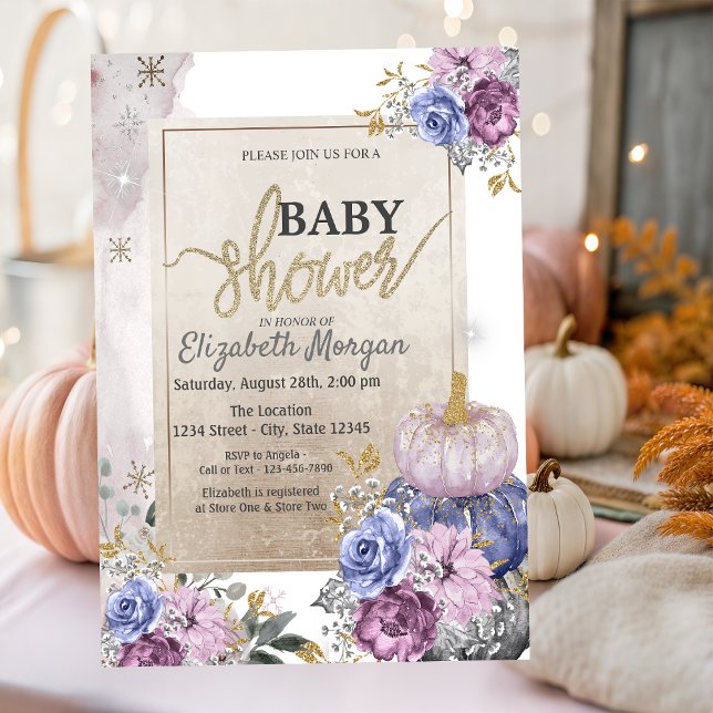 Chic Glitter Violet Pumpkins Flowers Baby Shower  Invitation (Creator Uploaded)