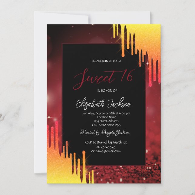 Chic Glitter Yellow Drips,Bokeh Red  Invitation (Front)