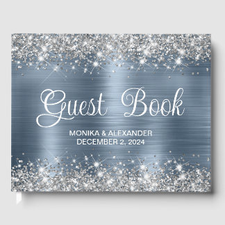 Chic Glittery Dusty Blue Foil Wedding Guest Book