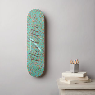 Chic Glittery Feathers Monogramme Skateboard