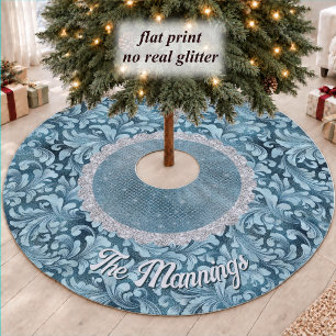 Chic Glittery Gold Turquoise Teal Floral Monogram Brushed Polyester Tree Skirt