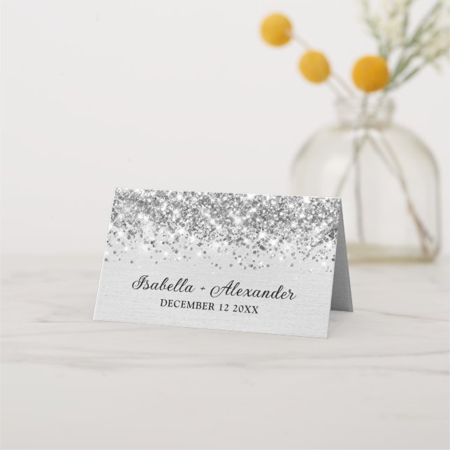 Chic Glittery light Silver Foil Personized Place Card (Back)