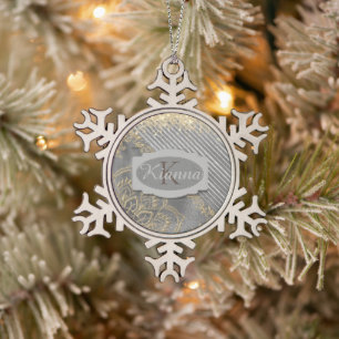 Chic Glittery Mandala Monogram Snowflake Pewter Christmas Ornament