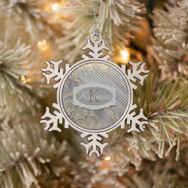 Chic Glittery Mandala Monogram Snowflake Pewter Christmas Ornament (Tree)