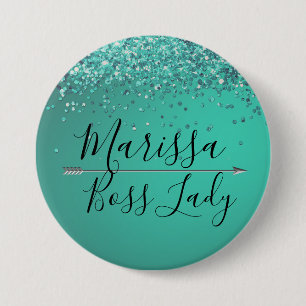 Chic Glittery Turquiose  Boss Lady 3 Inch Round Button
