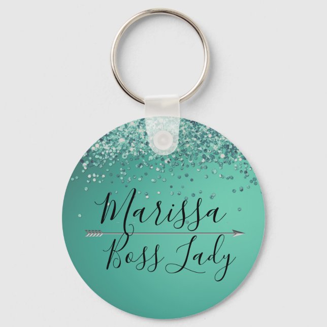 Chic Glittery Turquiose  Boss Lady Keychain (Front)