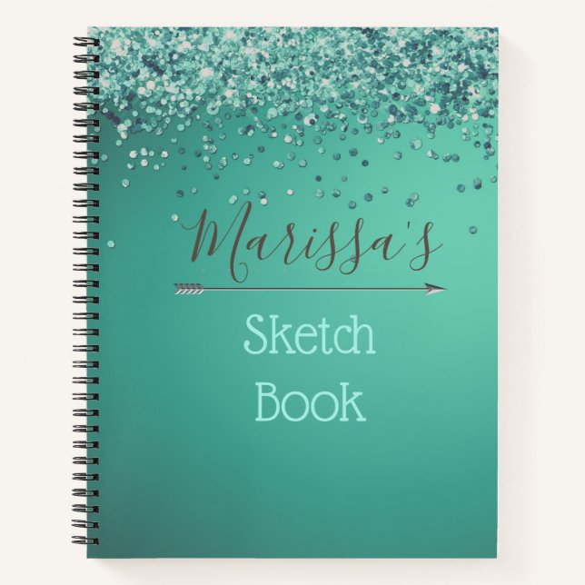 Chic Glittery Turquiose Personalized Sketch Book (Front)