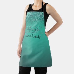 Chic Glittery Turquoise Personalized Boss Lady  Apron