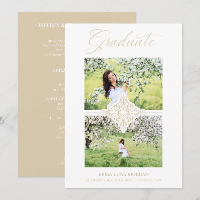 Chic Gold 2 Photos Ornament Sophisticated Graduate Invitation (Front/Back)