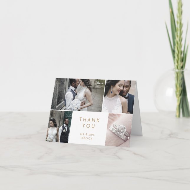 Chic Gold 4 Photo Template Thank You Card (Front)