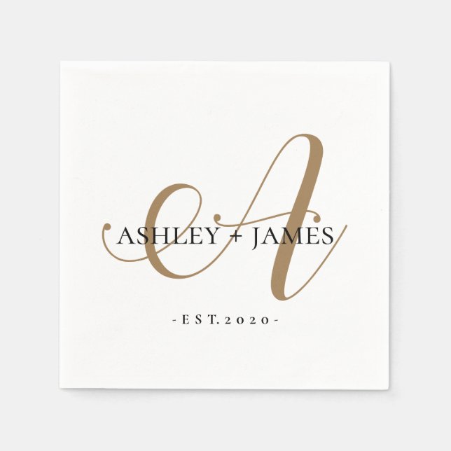  Chic Gold A Monogram Script Name Wedding Date Napkin (Front)