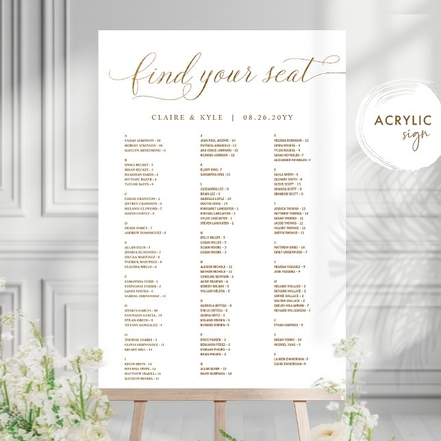 Chic Gold Alphabetical Seating Chart Acrylic Sign  (Créateur téléchargé)
