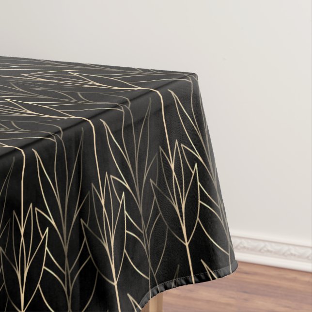 Chic Gold and Black Art Deco Leafy Pattern Classy Tablecloth (In Situ)