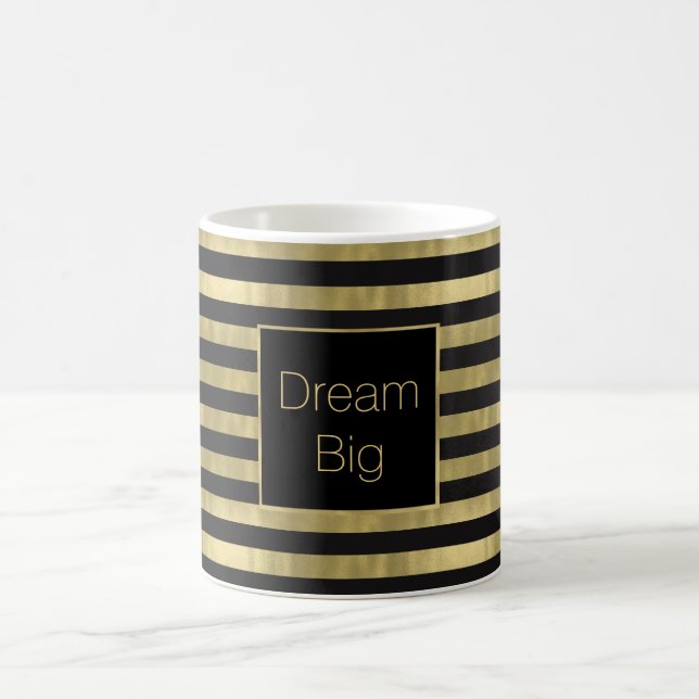 Chic Gold and Black Stripes Dream Big Personalized Coffee Mug (Center)