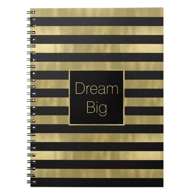 Chic Gold and Black Stripes Dream Big Personalized Notebook (Front)