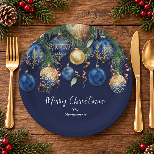 Chic Gold and Blue Christmas Tree Ornaments Paper Plate
