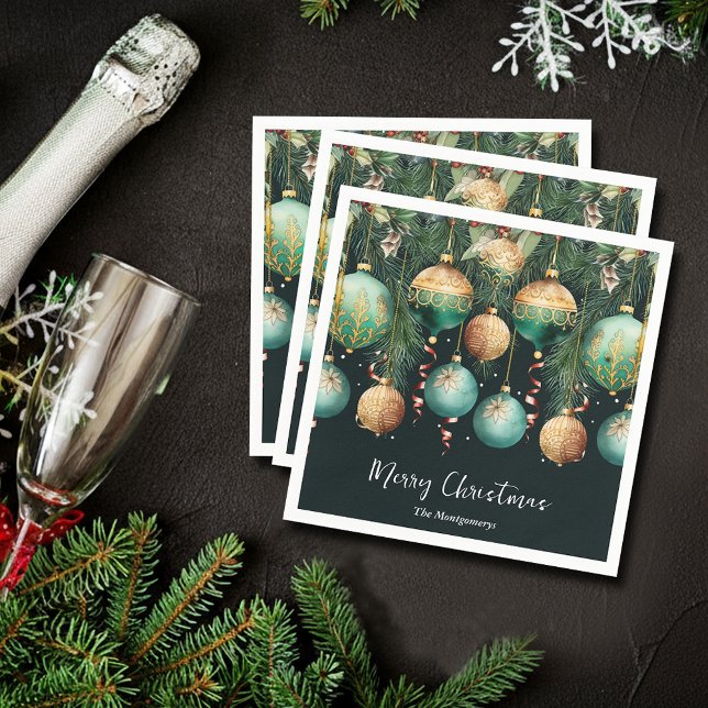 Chic Gold and Green Christmas Tree Ornaments Napkin (Chic gold and green Christmas tree ornaments cocktail napkins)