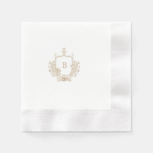 Chic Gold and White Crest Monogram Custom Wedding  Napkin (Front)
