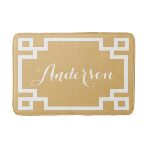 Chic Gold and White Greek Key Custom Monogram Bath Mat
