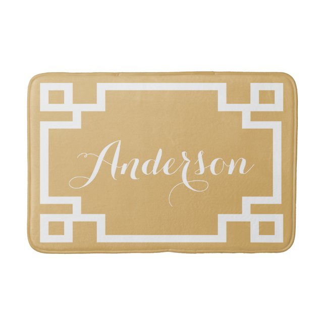 Chic Gold and White Greek Key Custom Monogram Bath Mat (Front)