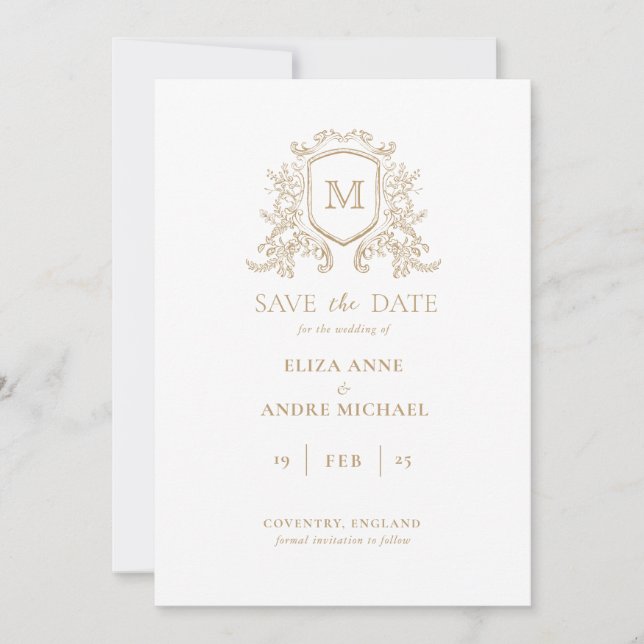 Chic Gold and White Monogram Save The Date (Front)