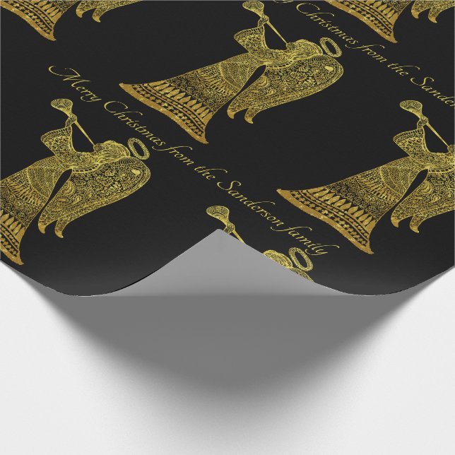 Chic Gold Angel  on Black Personalized Christmas Wrapping Paper (Corner)
