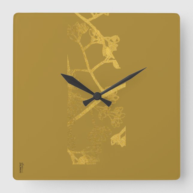 Chic Gold Beige Abstract Floral Pattern Square Wall Clock (Front)