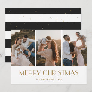 Chic Gold Black and White 3 Photo Merry Christmas Holiday Card