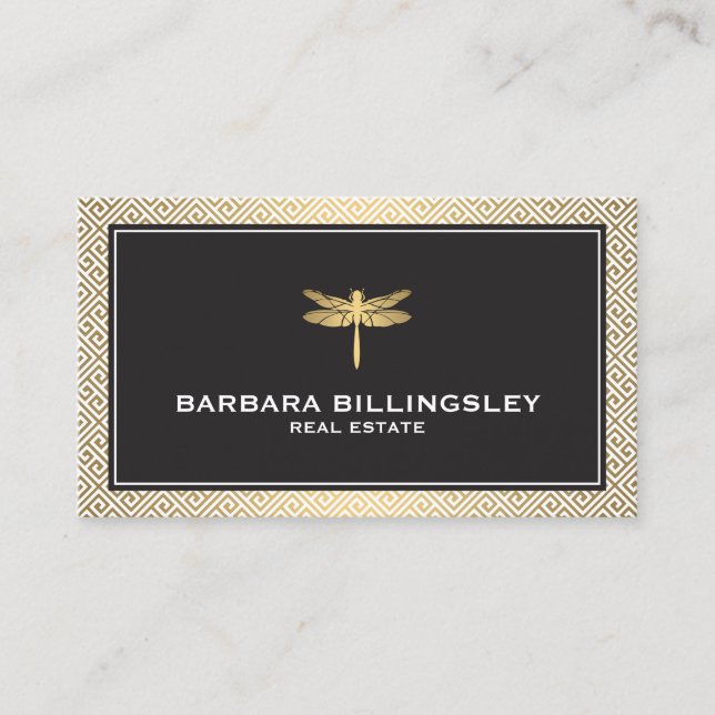 Chic Gold/Black Dragonfly Realtor, Designer Business Card (Front)