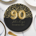 Chic Gold Black Leopard Print 90th Birthday Paper Plate<br><div class="desc">The top half of this chic design features a pattern of sparkly gold leopard spots on a black background, with "90" in large gold balloon numbers. Add the guest of honour's name in elegant gold handwriting script on a black background, with the words "90th birthday party in sans serif font...</div>