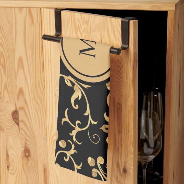 Chic Gold Black Royal  Monogram Damask  Kitchen Towel (Thirds Fold)