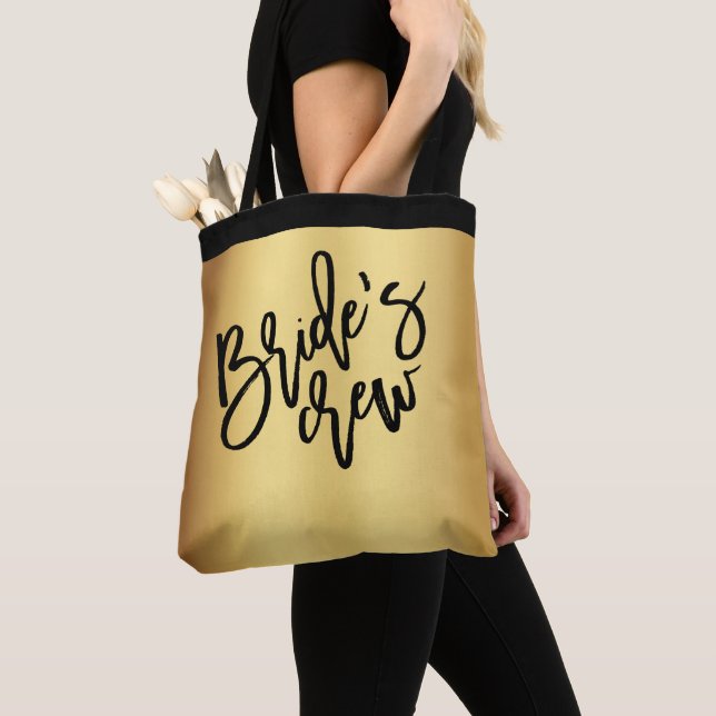 Chic Gold Black Script Bride's Crew Wedding Tote Bag (Close Up)