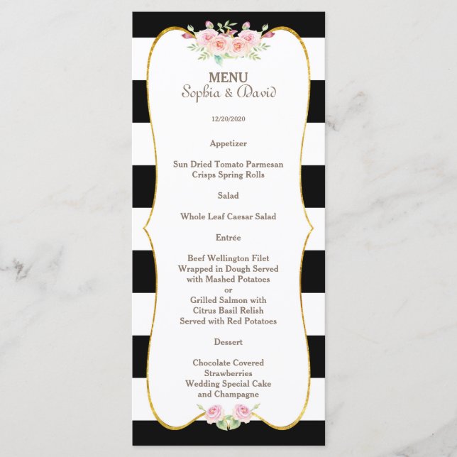 Chic Gold Black White Stripes Flowers Wedding Menu (Front)