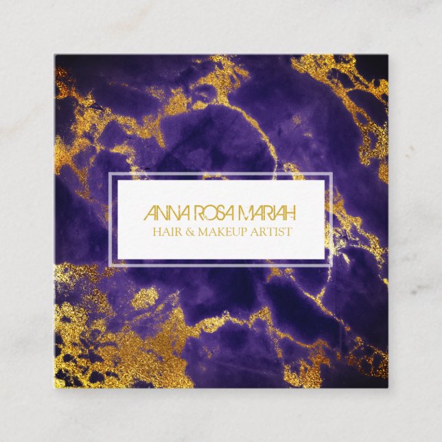 *~* Chic Gold Blue Marble Girly Hair Makeup Square Business Card (Front)