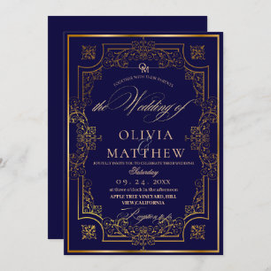 Chic Gold Blue Script Wedding Invitation