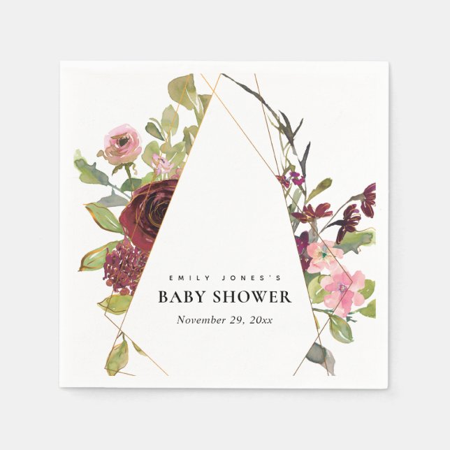 CHIC GOLD BLUSH BURGUNDY ROSE FLORAL BABY SHOWER NAPKIN (Front)
