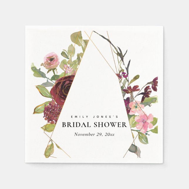 CHIC GOLD BLUSH BURGUNDY ROSE FLORAL BRIDAL SHOWER NAPKIN (Front)
