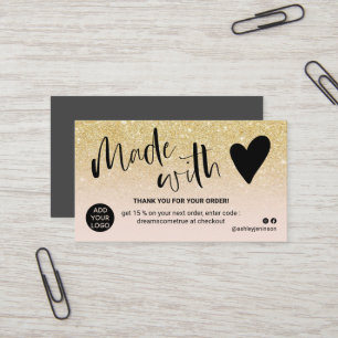Chic gold blush pink thank you made with love business card