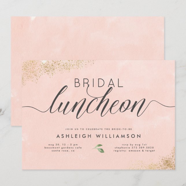 Chic Gold Blush Pink Watercolor Bridal Luncheon Invitation (Front/Back)