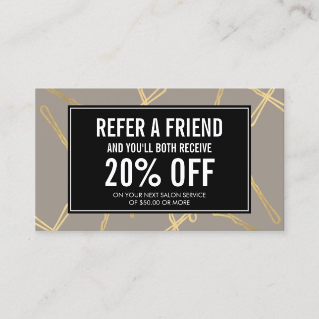Chic Gold Bobby Pins Hair Salon Grey Referral Card (Front)