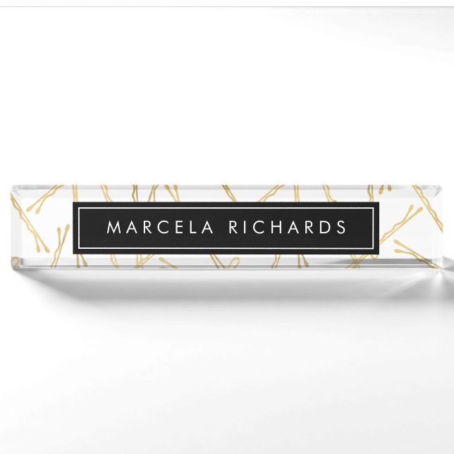 Chic Gold Bobby Pins Hair Stylist Salon Nameplate (Front)