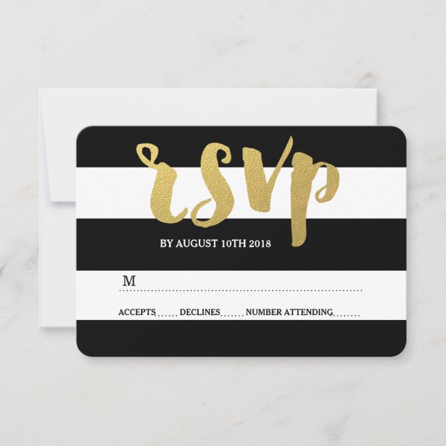 Chic Gold | Bold Black Stripe RSVP Card (Front)