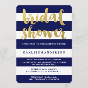 Chic Gold   Bold Blue Stripe Bridal Shower Invite