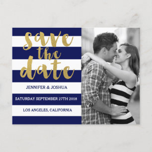 Chic Gold Bold Blue Stripe Photo Save the Date Announcement Postcard