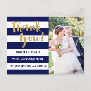 Chic Gold   Bold Blue Stripe Photo Thank You Postcard