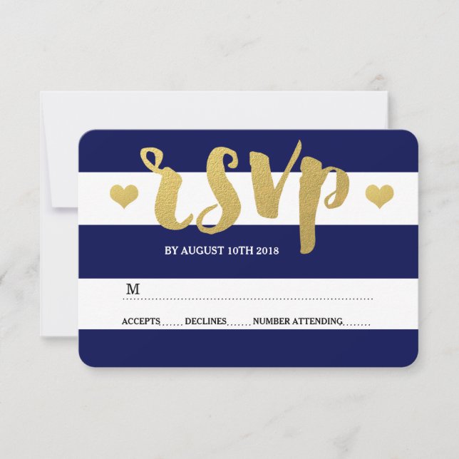 Chic Gold | Bold Blue Stripe RSVP Card (Front)