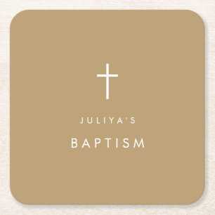 Chic Gold  brown cross Baptism  Square Paper Coaster
