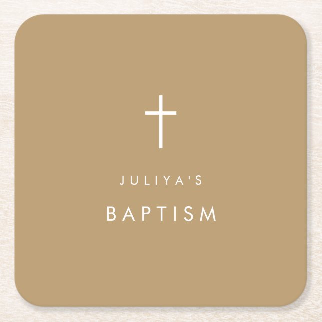 Chic Gold  brown cross Baptism  Square Paper Coaster (Front)