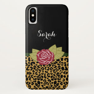 Chic Gold Brown Leopard Print Red Rose With Name Case-Mate iPhone Case