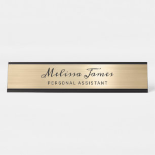 Chic Gold Brushed Metal Black Script Name Desk Name Plate